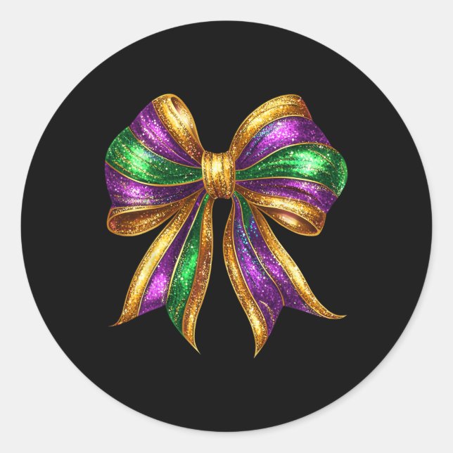 Pegatina Redonda Mardi Gras Bow Coquette Bow Fat Martes Nueva Orlea (Anverso)