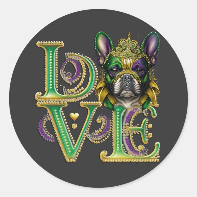 Pegatina Redonda Mardi Gras Bulldog francés Word LOVE Mascarada (Anverso)