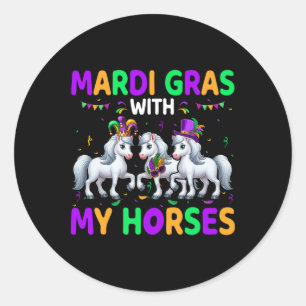 Pegatina Redonda Mardi Gras Con Mis Caballos Tres Caballos Cuidados