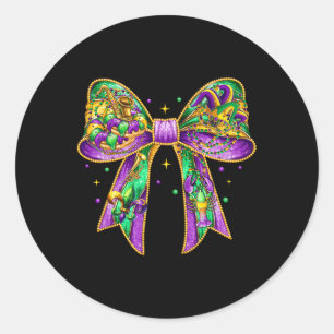 Pegatina Redonda Mardi Gras Coquette Bow Fat Tuesday New Orleans Wo