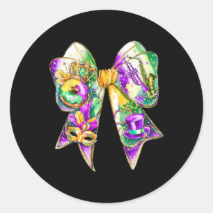 Pegatina Redonda Mardi Gras Coquette Bow Fat Tuesday New Orleans Wo