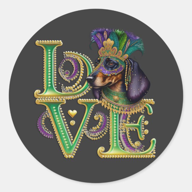 Pegatina Redonda Mardi Gras Dachshund Word LOVE Masquerade (Anverso)