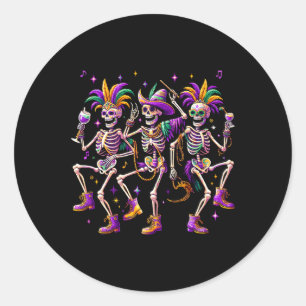 Pegatina Redonda Mardi Gras Dancing Skeleton Funny