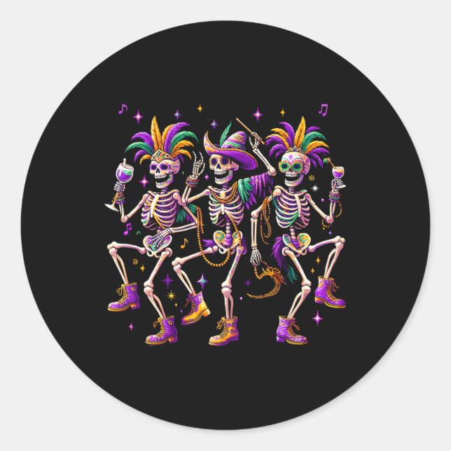 Pegatina Redonda Mardi Gras Dancing Skeleton Funny (Anverso)