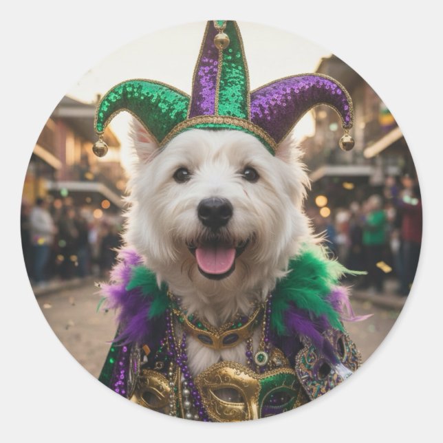 Pegatina Redonda Mardi Gras Dog Jester Costume (Anverso)