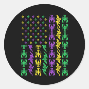Pegatina Redonda Mardi Gras Ee.Uu. Bandera Americana Langosta Mamáe