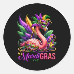Pegatina Redonda Mardi Gras Flamingo Hombres Fiestas Tropicales Haw
