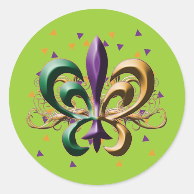 Pegatina Redonda Mardi Gras Fleur de Lis Design (Anverso)