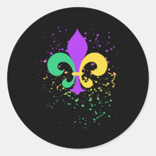 Pegatina Redonda Mardi Gras Fleur De Lis Paint Splatter Nola