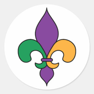 Pegatina Redonda Mardi Gras Fleur de Lis verde morado