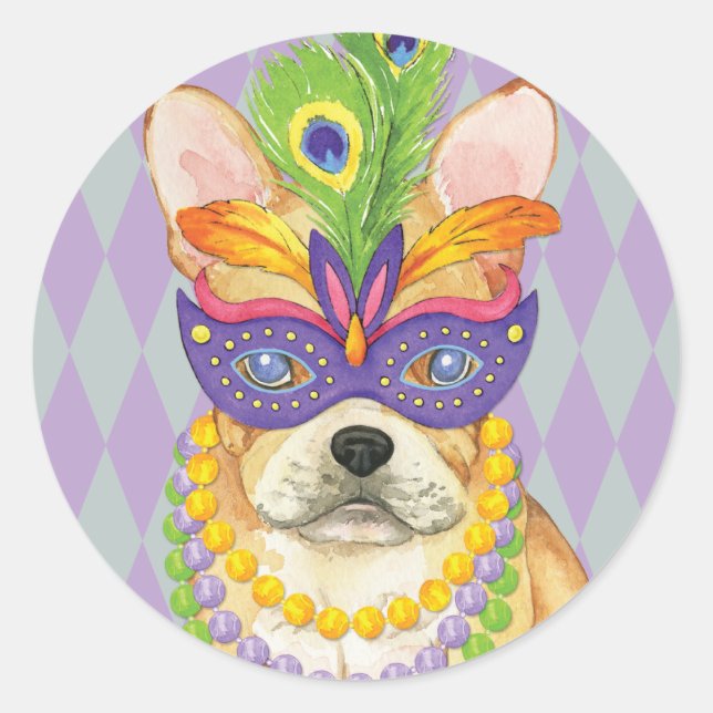Pegatina Redonda Mardi Gras Frenchie (Anverso)