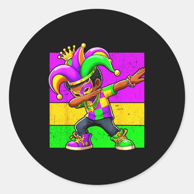 Pegatina Redonda Mardi Gras Funny Dabbing Black Boy Jester Hat Kid  (Anverso)