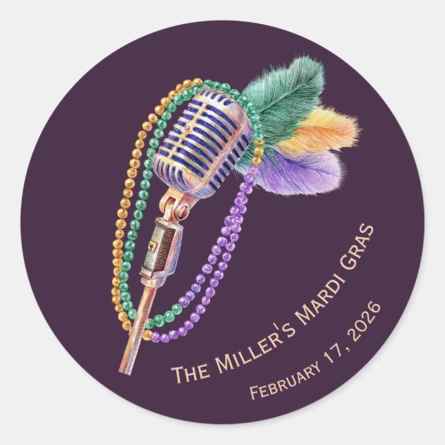 Pegatina Redonda Mardi Gras Jazz Microphone Custom Stickers (Anverso)