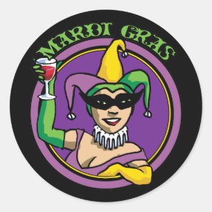 Pegatina Redonda Mardi Gras Jester Chica
