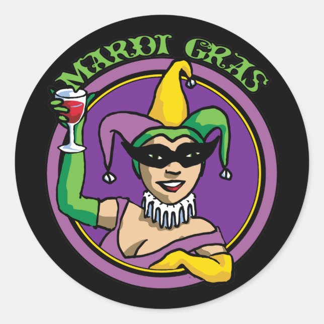 Pegatina Redonda Mardi Gras Jester Chica (Anverso)