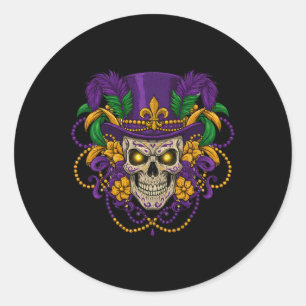 Pegatina Redonda Mardi Gras Máscara de calavera hombres mujeres Mar