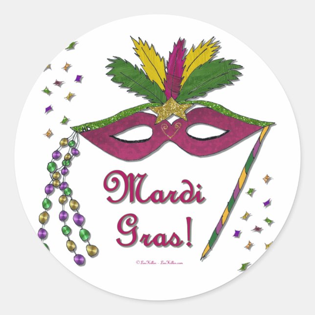 Pegatina Redonda Mardi Gras Mask Feather Beather (Anverso)