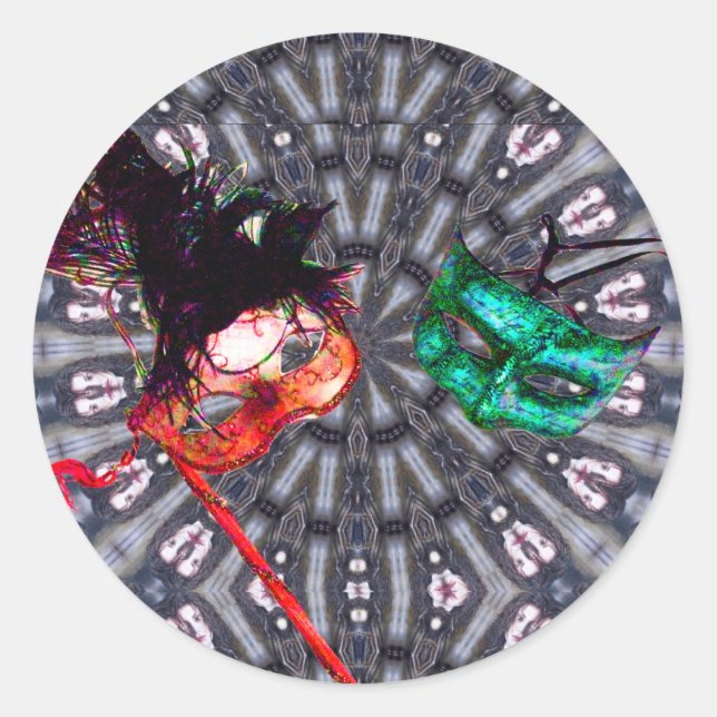 Pegatina Redonda MARDI GRAS MASQUERADE BALL MÁSCARA rosa azul púrpu (Anverso)