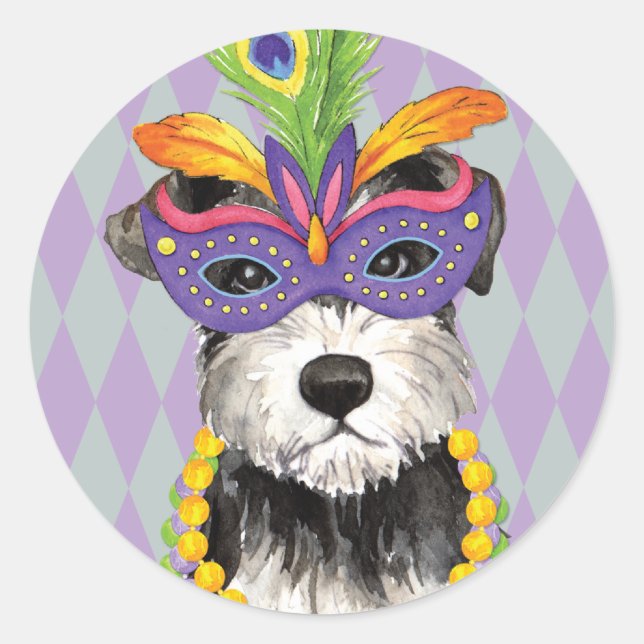 Pegatina Redonda Mardi Gras Mini Schnauzer (Anverso)