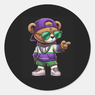Pegatina Redonda Mardi Gras Oso Para Hombres Hip Hop New Orleans T