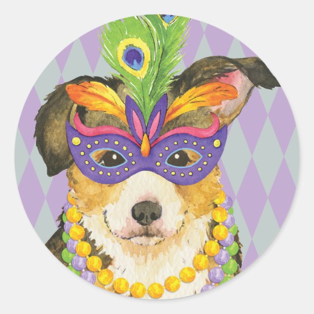 Pegatina Redonda Mardi Gras Pembroke Welsh Corgi (Anverso)