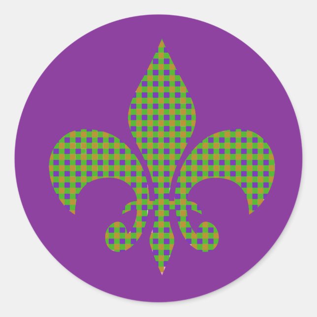 Pegatina Redonda Mardi Gras Plaid Fleur de Lis (Anverso)