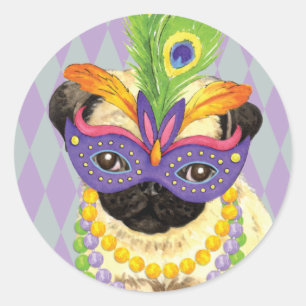 Pegatina Redonda Mardi Gras Pug