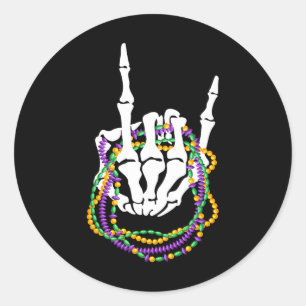 Pegatina Redonda Mardi Gras Rocker Skeleton Rock Hand Bones Music L