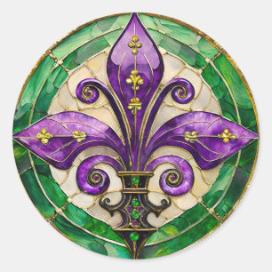 Pegatina Redonda Mardi Gras Sained Glass Fleur de lis