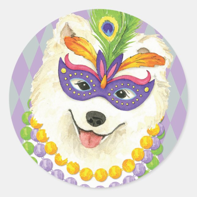Pegatina Redonda Mardi Gras Samoyed (Anverso)