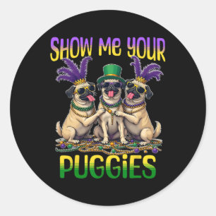 Pegatina Redonda Mardi Gras Show Me Your Pug Mardi Gras