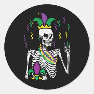 Pegatina Redonda Mardi Gras Skeleton Rock Hand Funny Tee Rockers