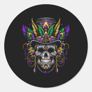Pegatina Redonda Mardi Gras Skull Top Hat New Orleans Witch Médica