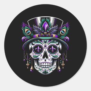 Pegatina Redonda Mardi Gras Skull Top Hat New Orleans Witch Médica