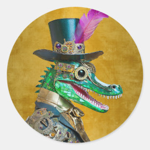 Pegatina Redonda Mardi Gras Steampunk Fiesta Animal Alligator