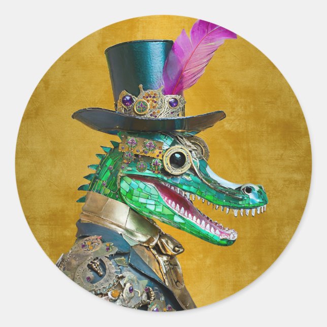 Pegatina Redonda Mardi Gras Steampunk Fiesta Animal Alligator (Anverso)
