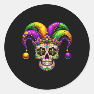 Pegatina Redonda Mardi Gras Sugar Skull Jester Gorra Mardi Gras Hom