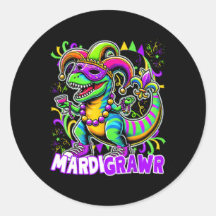 Pegatina Redonda Mardi Gras T Rex Dinosaur Mardi Grawr Costume de a