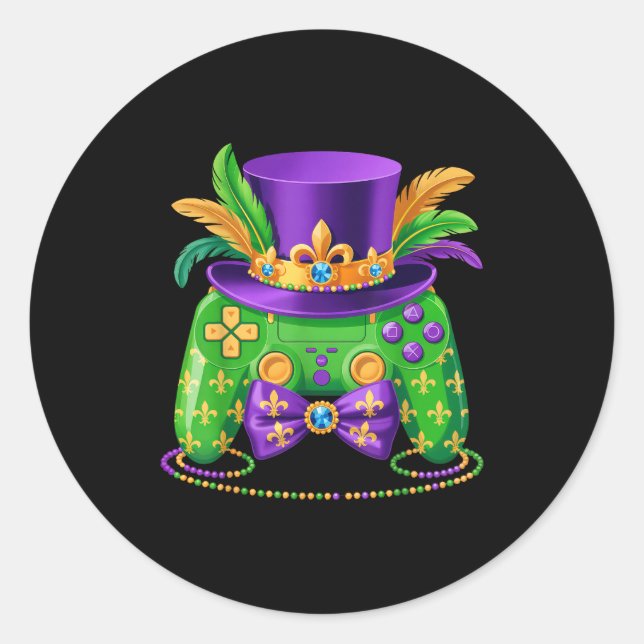 Pegatina Redonda Mardi Gras Video Game Controller Jester Hat Gamer  (Anverso)