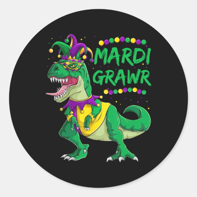 Pegatina Redonda Mardi Grawr Dino Jester (Anverso)