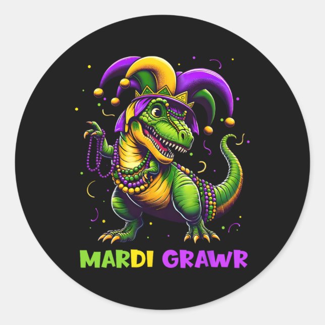 Pegatina Redonda Mardi Grawr T-rex Dinosarus Toddler Kids Mardi Gra (Anverso)