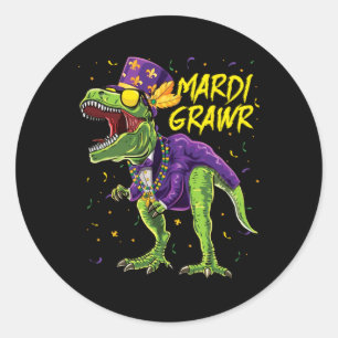 Pegatina Redonda Mardi Grawr T-rex Dinosaur Dino Mardi Gras Kids Bo