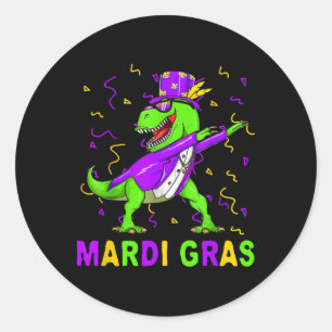 Pegatina Redonda Mardi Grawr T Rex Dinosaur Mardi Gras Bead Costume