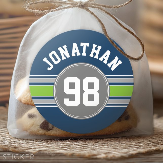 Pegatina Redonda Marea azul marina Green Sports Jersey Stripes Nomb (Custom Sticker for Party Favors and Envelopes)