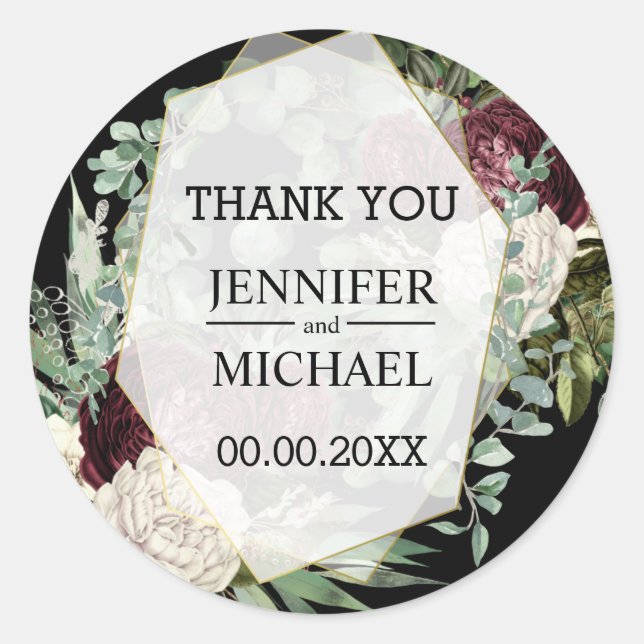 Pegatina Redonda Marfil de Borgoña rosa de mohos oscuros eucalipto (Anverso)