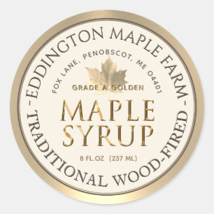 Pegatina Redonda Marfil Maple Syrup Gold Maple Leaf Gold Border