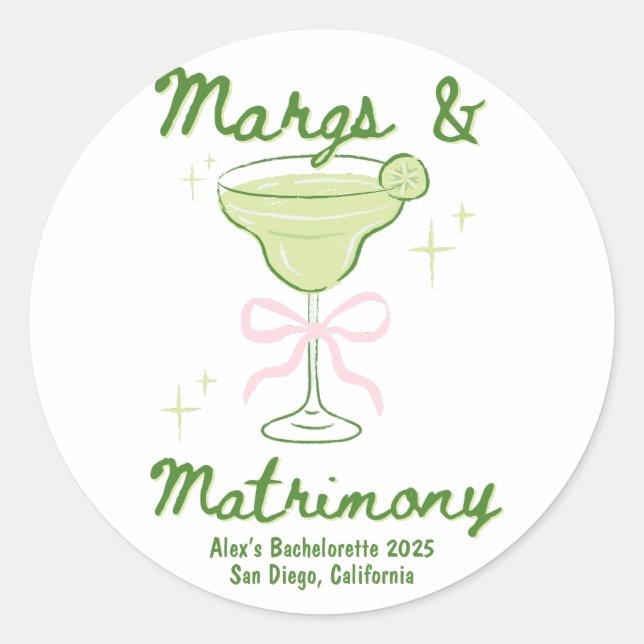 Pegatina Redonda Margs & Matrimony Bachelorette Personalizado (Anverso)