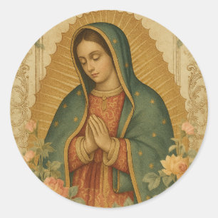 Pegatina Redonda María Guadalupe Religiosa Mexicana Floral