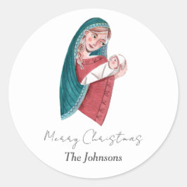Pegatina Redonda María religiosa y bebé Jesús Navidad
