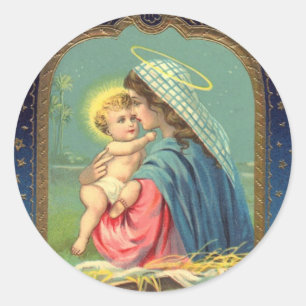 Pegatina Redonda María Sostenía Al Niño Jesús